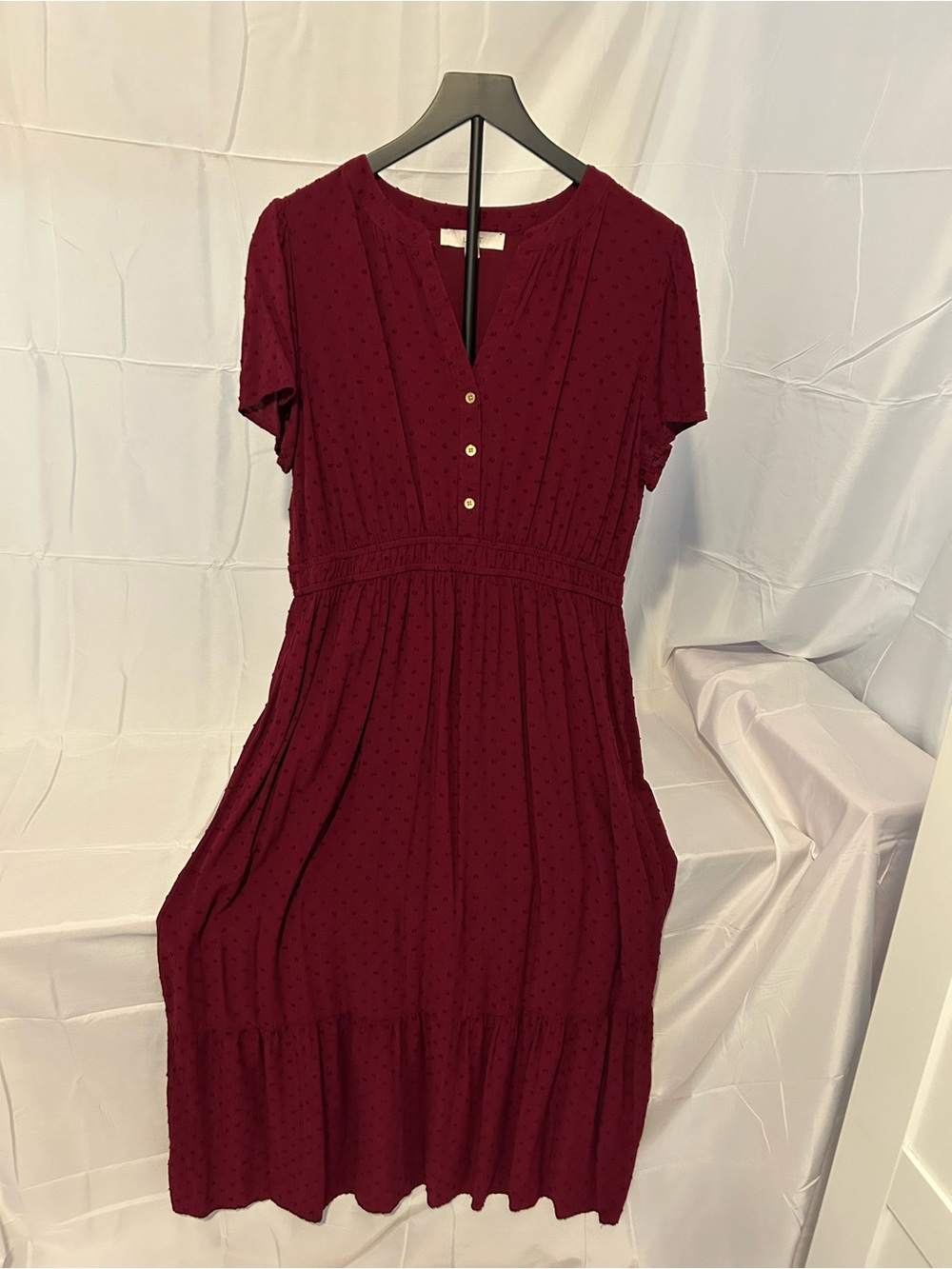 LOFT Burgundy Short Sleeve Midi Dress with Button Front